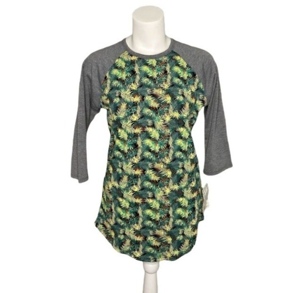 LuLaRoe Randy Gray Green Palm‎ Leaf Tropical 3/4 Raglan Sleeve Sz XS NEW